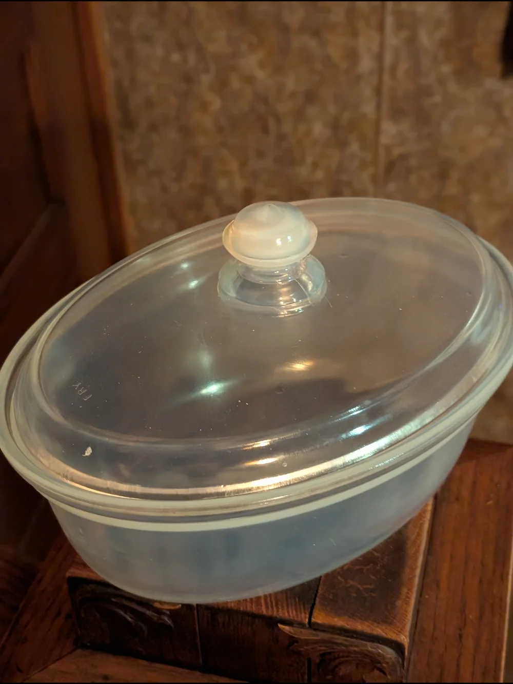 Rare Antique 1920's Fry Opalescent Glass Ovenware Casserole Bowl w Lid Glows UV